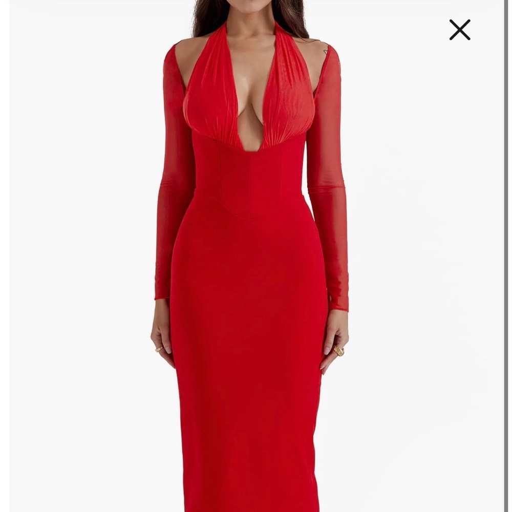 House of CB Red Long-Sleeve Midi Dress